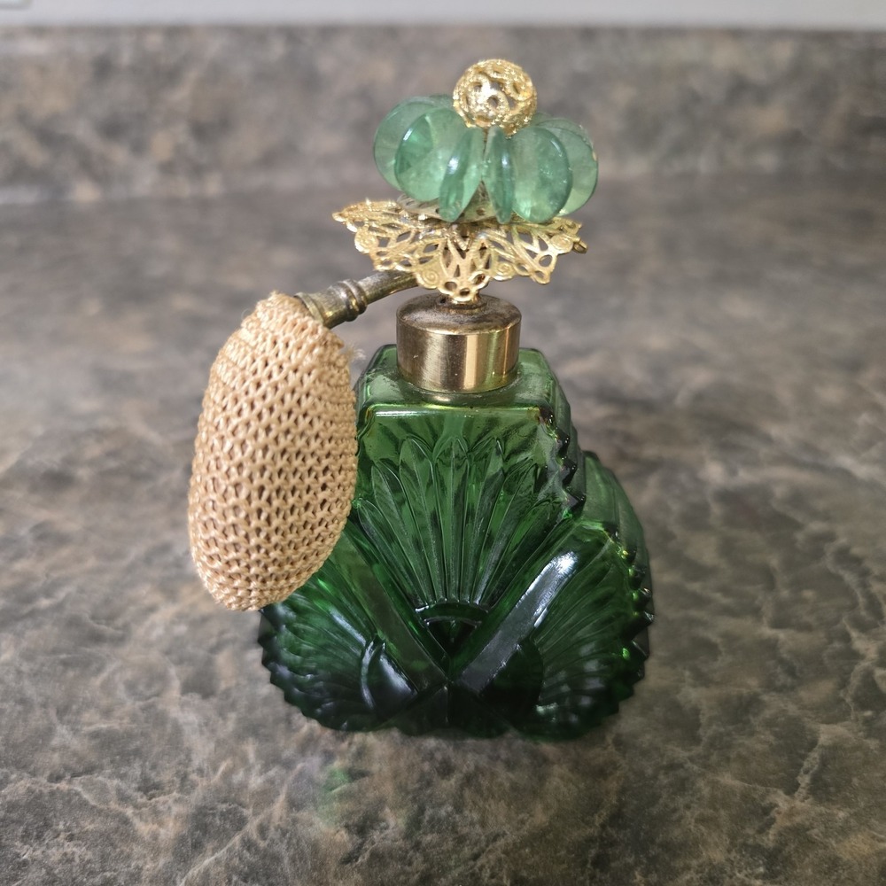 Vintage Irice Green Glass Perfume Bottle with Atomizer and Flower